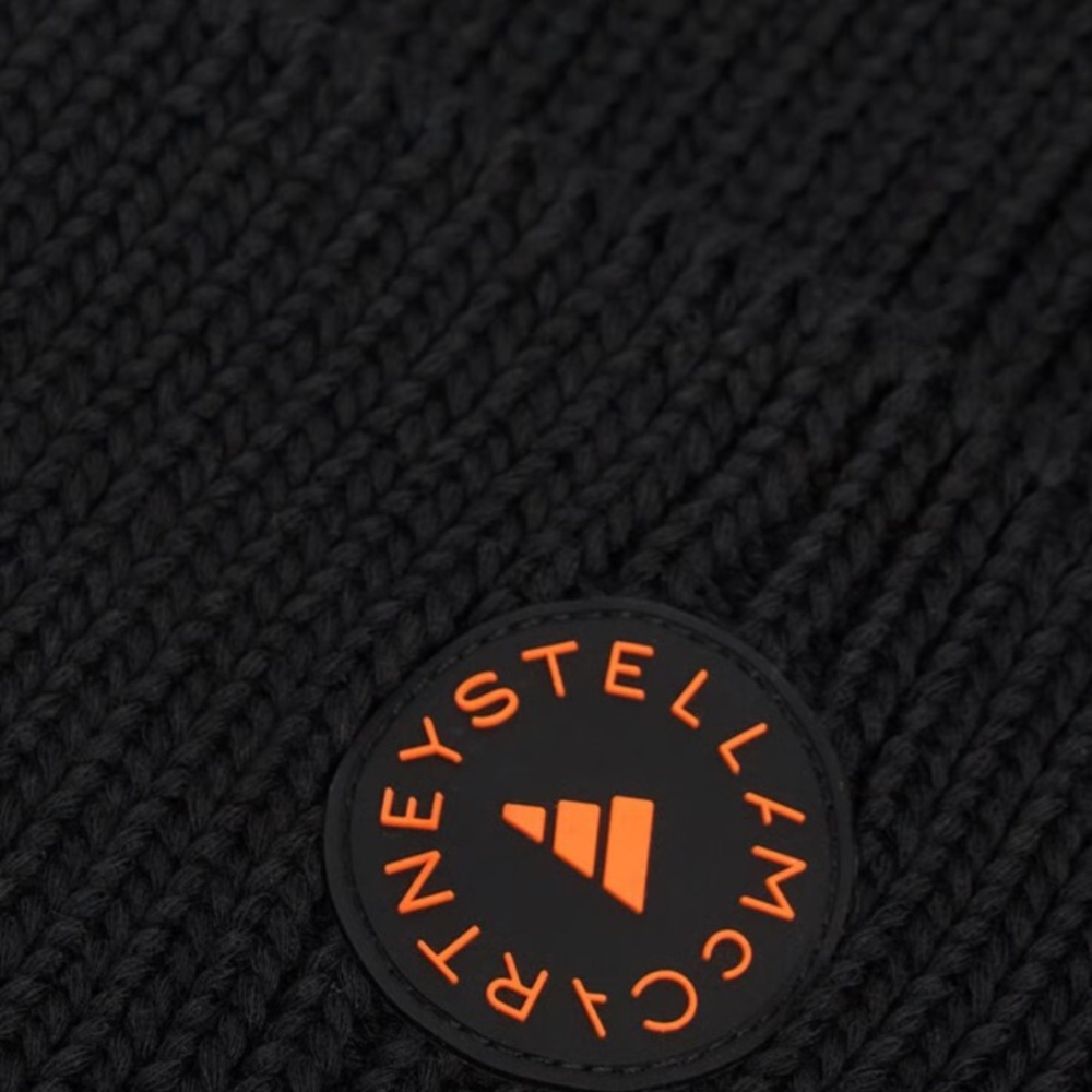NWT Adidas By Stella McCartney Black Ribbed Knit Beanie with Orange Logo - Picture 4 of 13